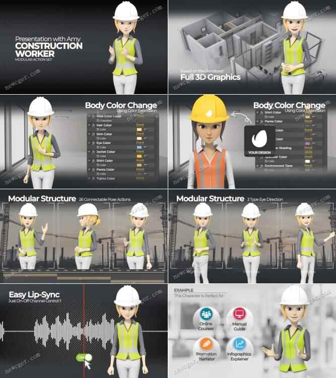 3D女性修建工人的视频讲解演示脚色动绘AE模板6875,女性,修建,修建工,修建工人,工人