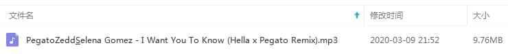 Pegato&amp;amp;Zedd&amp;amp;Selena Gomez单直《I Want You To Know (Hella x Pegato Remix)》[MP3/9.76MB]百度云网盘下载2864,error