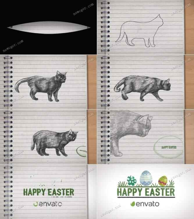 铅笔小猫咪战卡通彩蛋的收场片头动绘AE模板，欢愉新生节7213,铅笔,小猫,小猫咪,猫咪,战卡