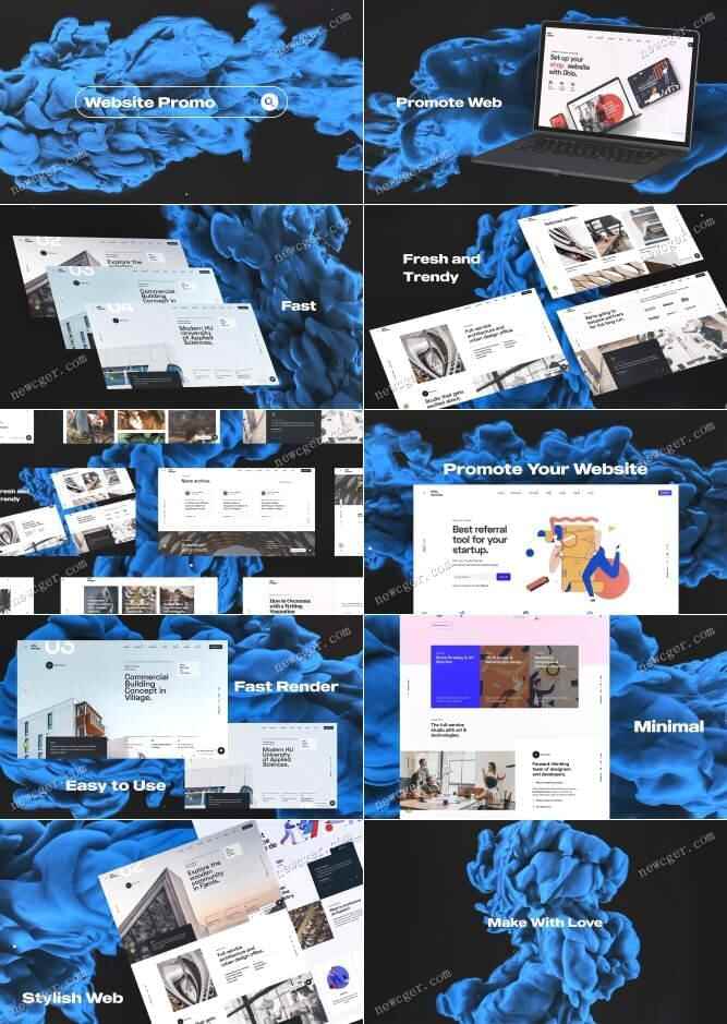 蓝色三维油漆殊效布景中的网站开辟或网页设想宣扬片AE模板8158,蓝色,三维,油漆,漆特,殊效