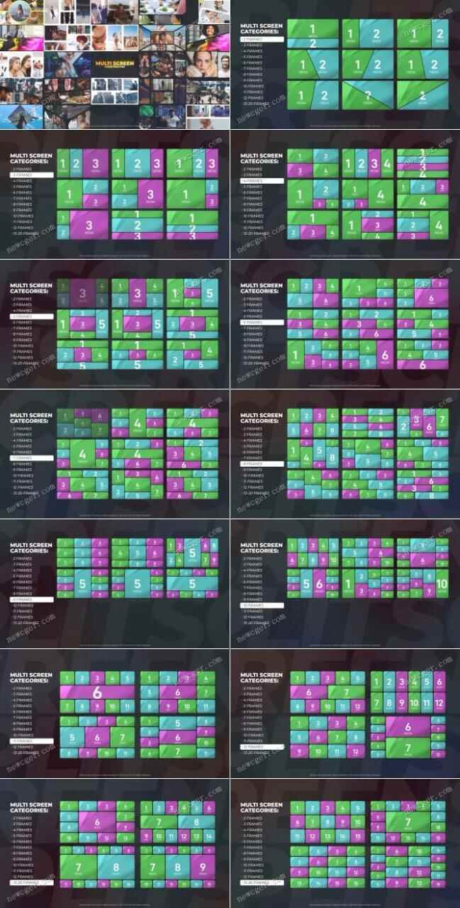 差别数目屏幕多屏分屏内乱容拼接组开展现的AE模板，超越250种8096,差别,数目,屏幕,多屏,分屏