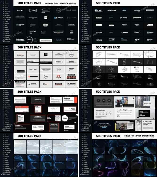 500个繁复设想的超棒笔墨题目动绘库AE模板，共20个品种，还有100个殊效布景动绘7324,