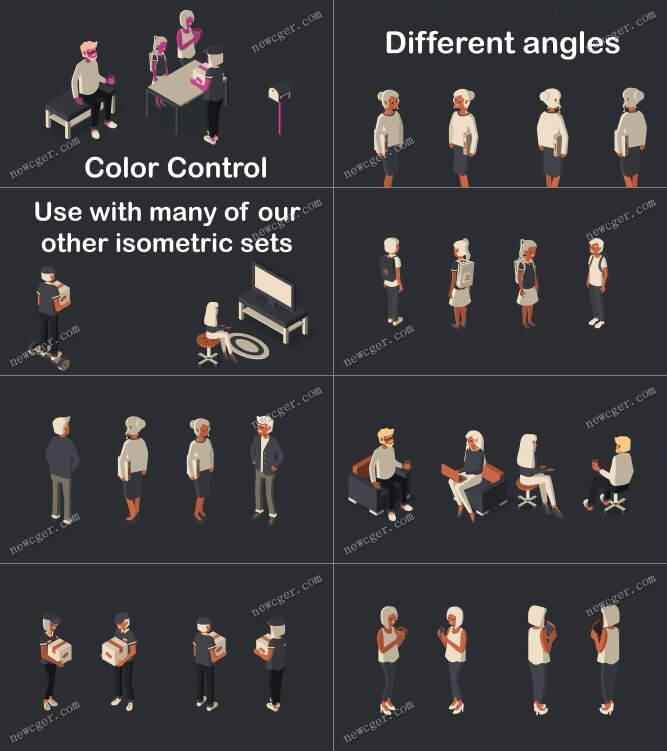 露多个差别角度的Isometric（等距视角）卡通人物元素AE源文件6499,多个,差别,角度,等距,视角