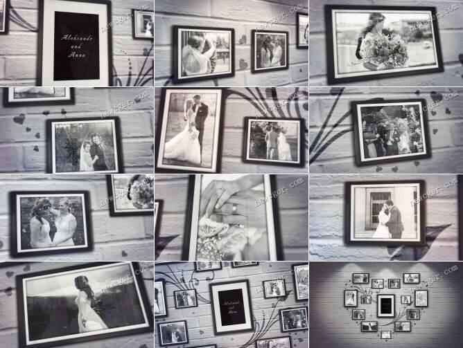 墙壁上呈爱心规划款式的婚礼相框照片展现AE模板5,墙壁,壁上,爱心,规划,款式