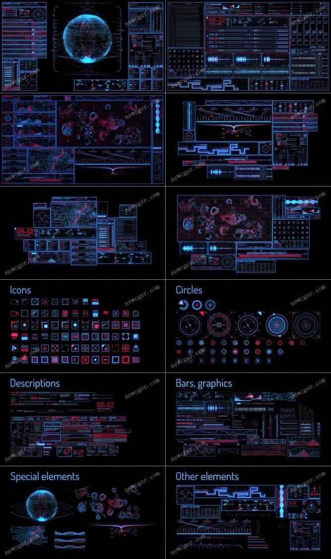 超越3000个的HUD下科技界里元素素材包AE模板6752,