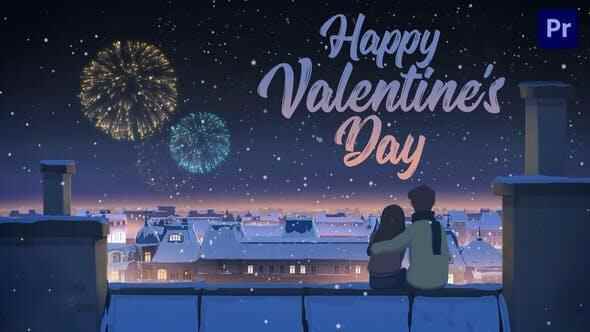 AE/PR模板-浪漫恋人节两维场景卡通人物动绘片头Happy Valentines Day Card Animation1027,