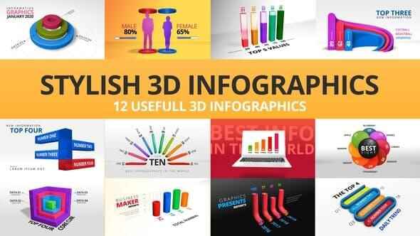 AE模板-12组三维平面疑息数据图表动绘 Stylish 3D Infographics9763,