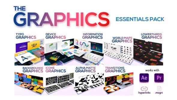 AE/PR模板-700个当代时髦笔墨题目排版设想布景图标图形动绘 The Graphics Essentials Pack3695,