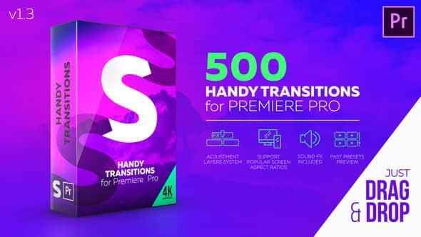 Premiere模板：500种缩放打击仄移扭直滋扰炫光转场 Handy Transitions PR模板免费下载2865,