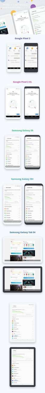 三星Galaxy S9、Galaxy S9 Plus、Tab S4、Google Pixel 2、Pixel 2 XL等安卓Android装备样机展现设想模板脚机仄板模子9755,
