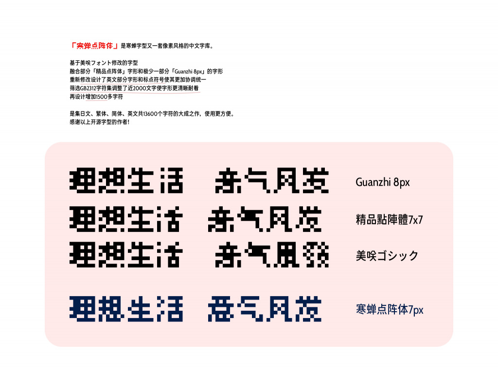 热蝉面阵体7px：是热蝉字型又一套像素气势派头的中笔墨库。805,